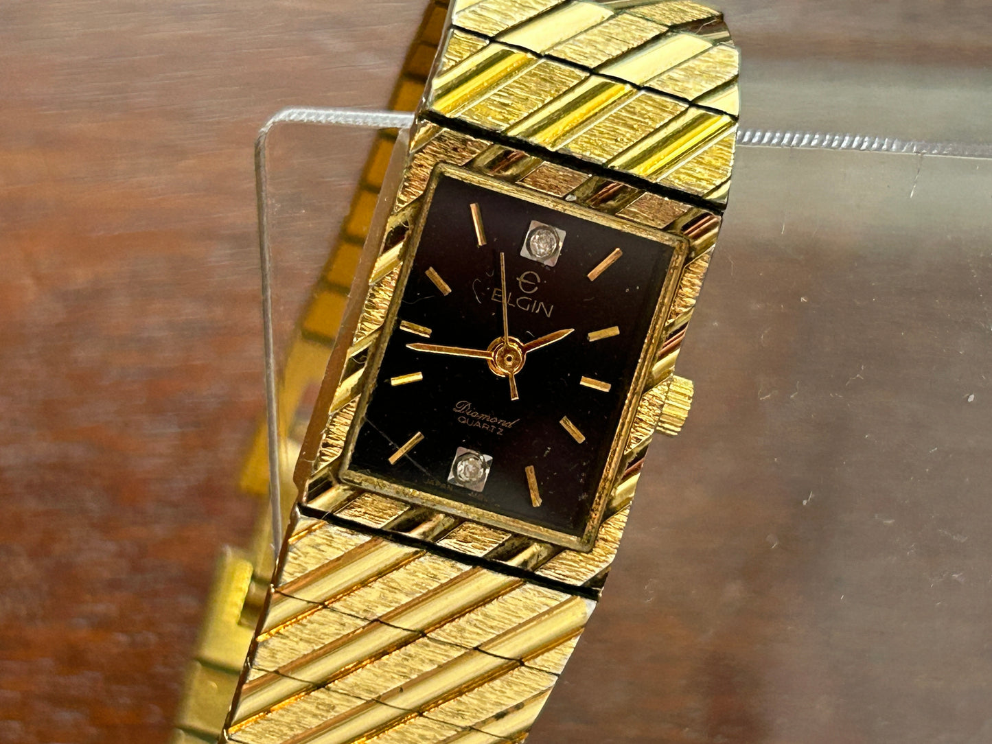 Vintage Gold Tone Elgin Watch Diamond Quartz Black Dial