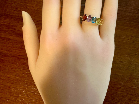 14k Yellow Gold 5 Stone Ring Amethyst Peridot Garnet Aquamarine Citrine Sz 9