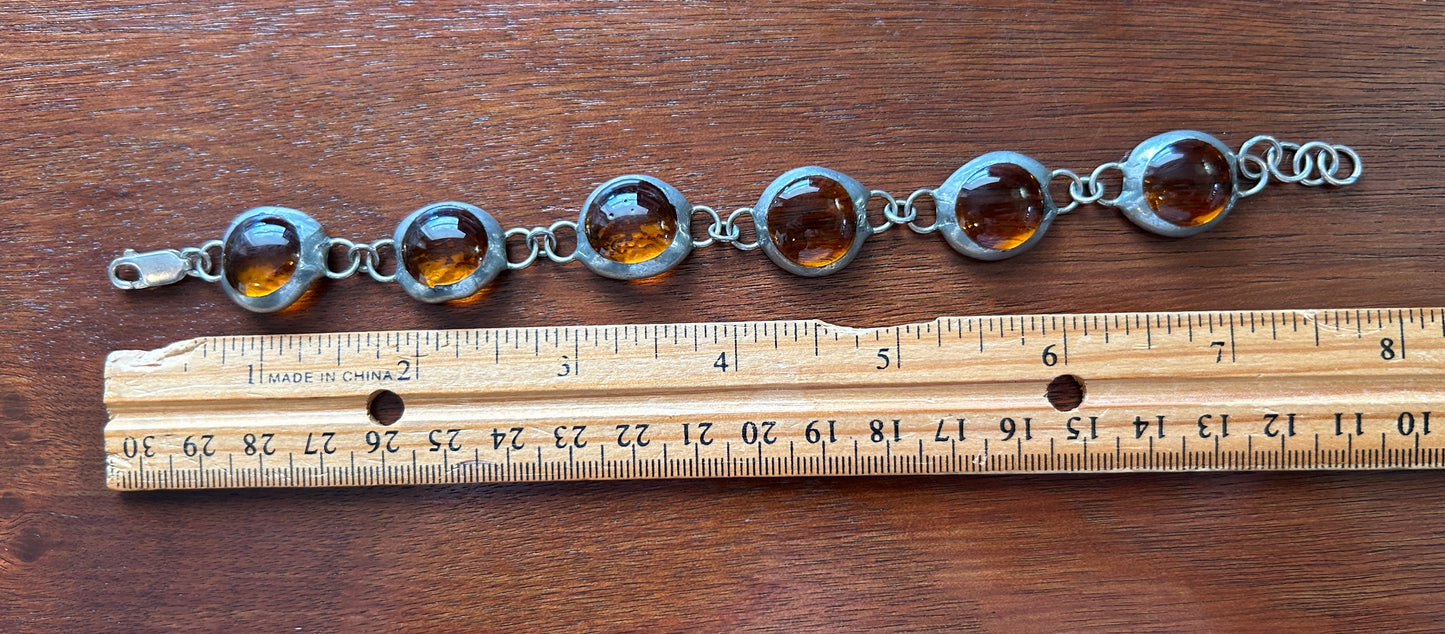 Vintage Sterling Silver 925 Gripoix Poured Amber Colored Glass Bracelet