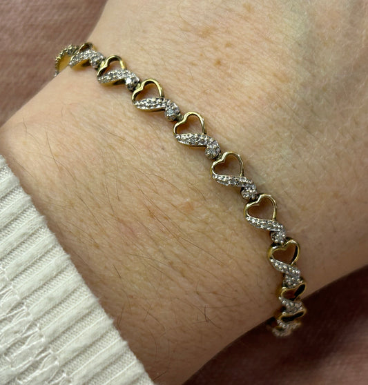 10k Yellow Gold Diamond Accent Heart Tennis Bracelet Signed HN