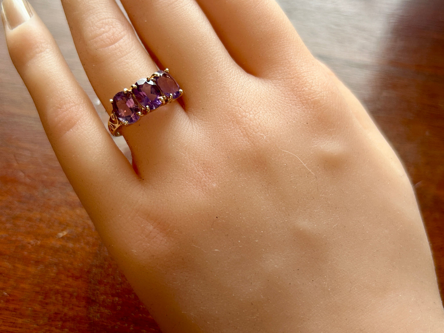 14k Yellow Gold 3 Oval Amethyst Cocktail Ring Sz 7.75