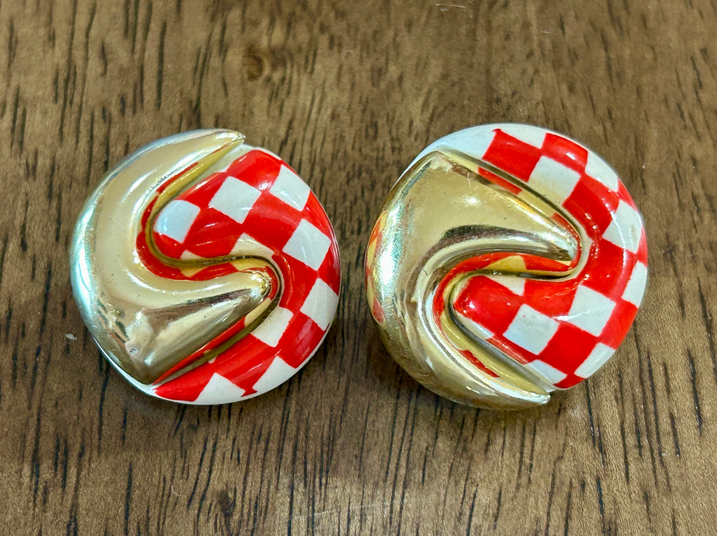 Vintage 80s White Red Checkered Gold Tone Large Clip On Earrings