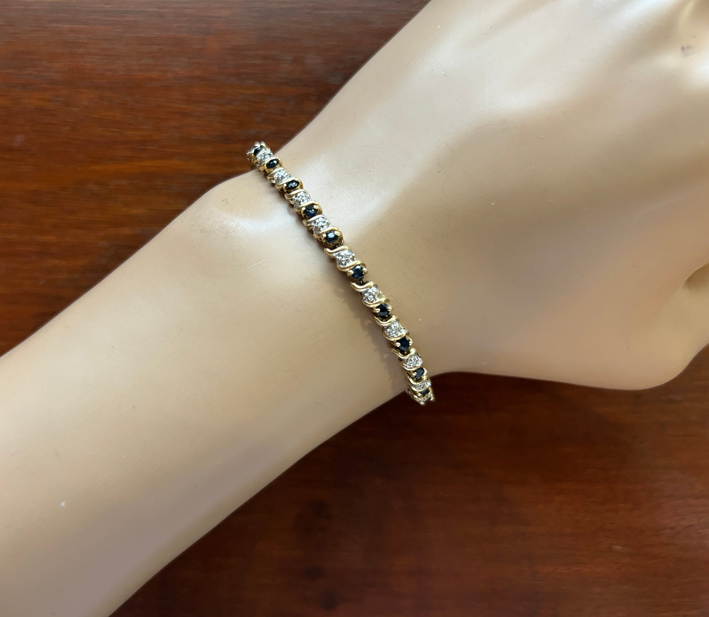 14k Yellow Gold Round Sapphire Diamond Tennis Bracelet 7.5" Long