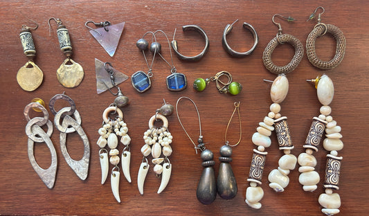 Vintage Pierced Earrings Lot Boho Wood Bead Stone Hammered Mesh Chandelier Drop