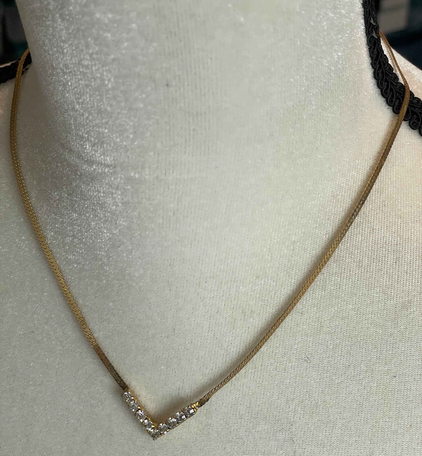 Vintage Gold Tone Chain Necklace V Rhinestone Detail