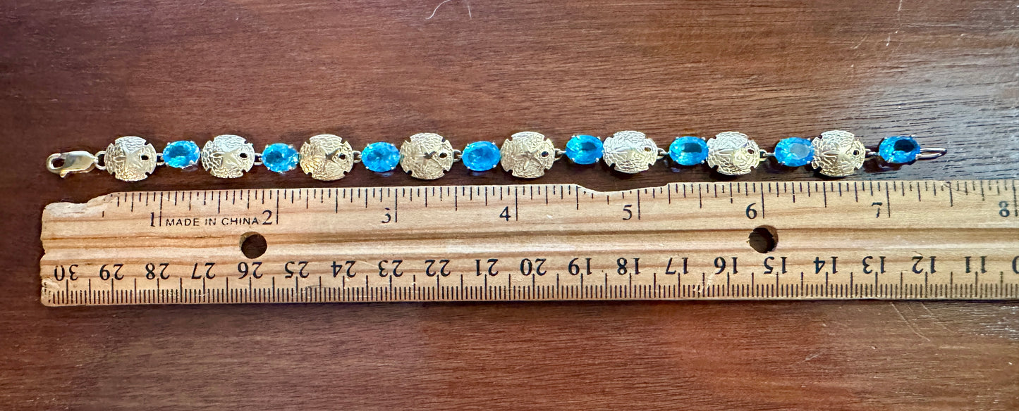 Vintage 18k Yellow Gold Oval Blue Topaz Sand Dollar Bracelet Bahamas