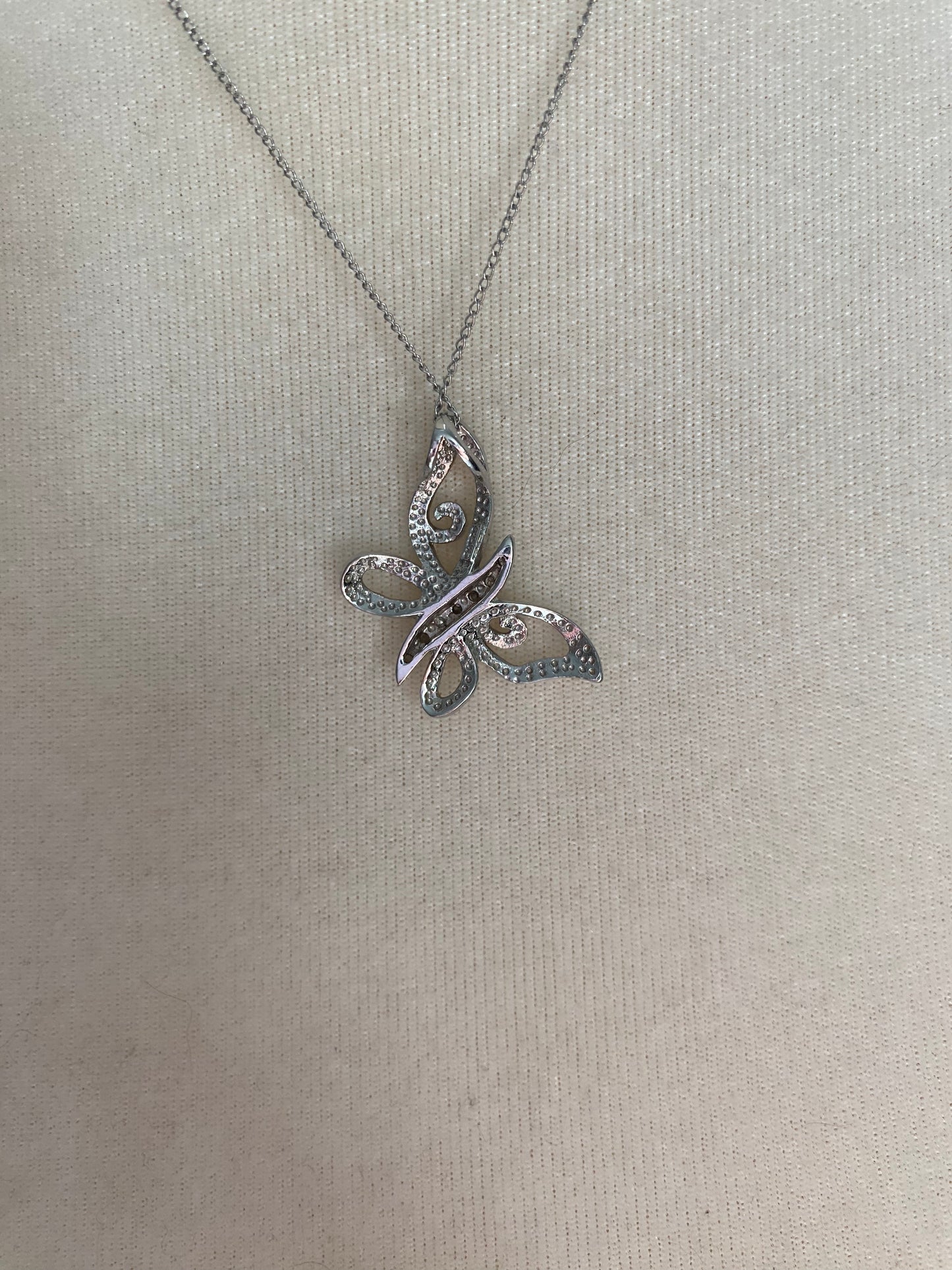 Sterling Silver 925 Butterfly Diamond Pendant Necklace Cutout Wings