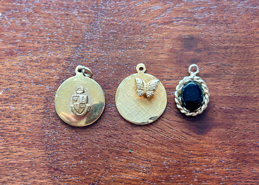 Vintage Gold Filled Pendant Charm Lot Only Butterfly Shield Round Rope Trim