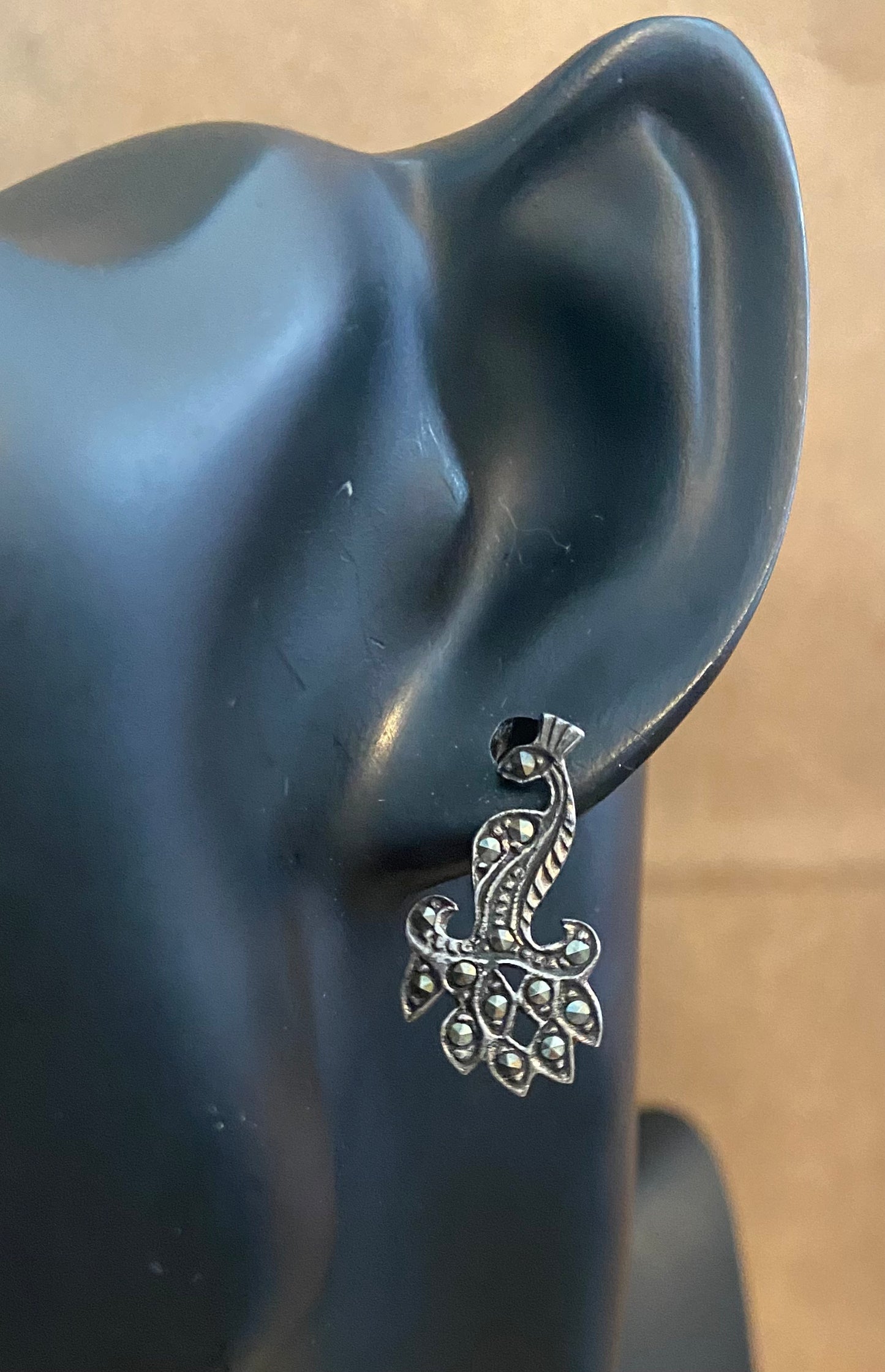 Sterling Silver 925 Marcasite Peacock Pierced Earrings