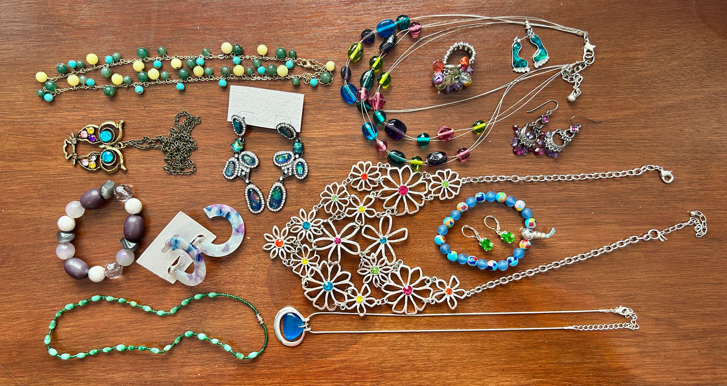 Vintage to Now Colorful Jewelry Lot Silver Blue Green Purple Beads Flowers Retro