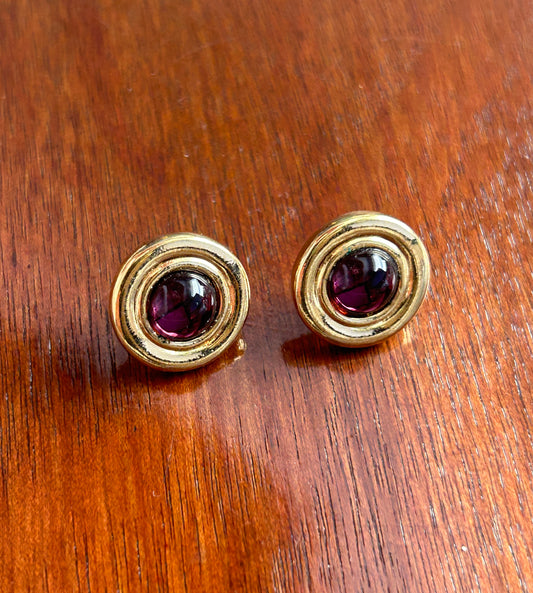 Vintage Gold Tone Purple Glass Cabochon Round Pierced Stud Earrings