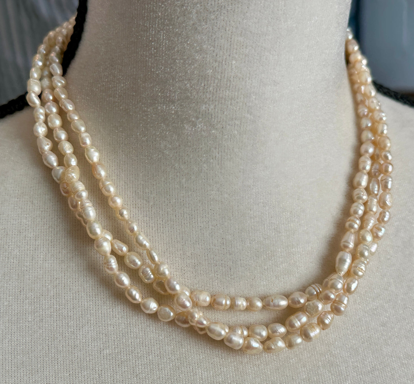 Vintage 3 Strand Real Pearl Collar Necklace Vintage 18" Long Gold Tone Clasp