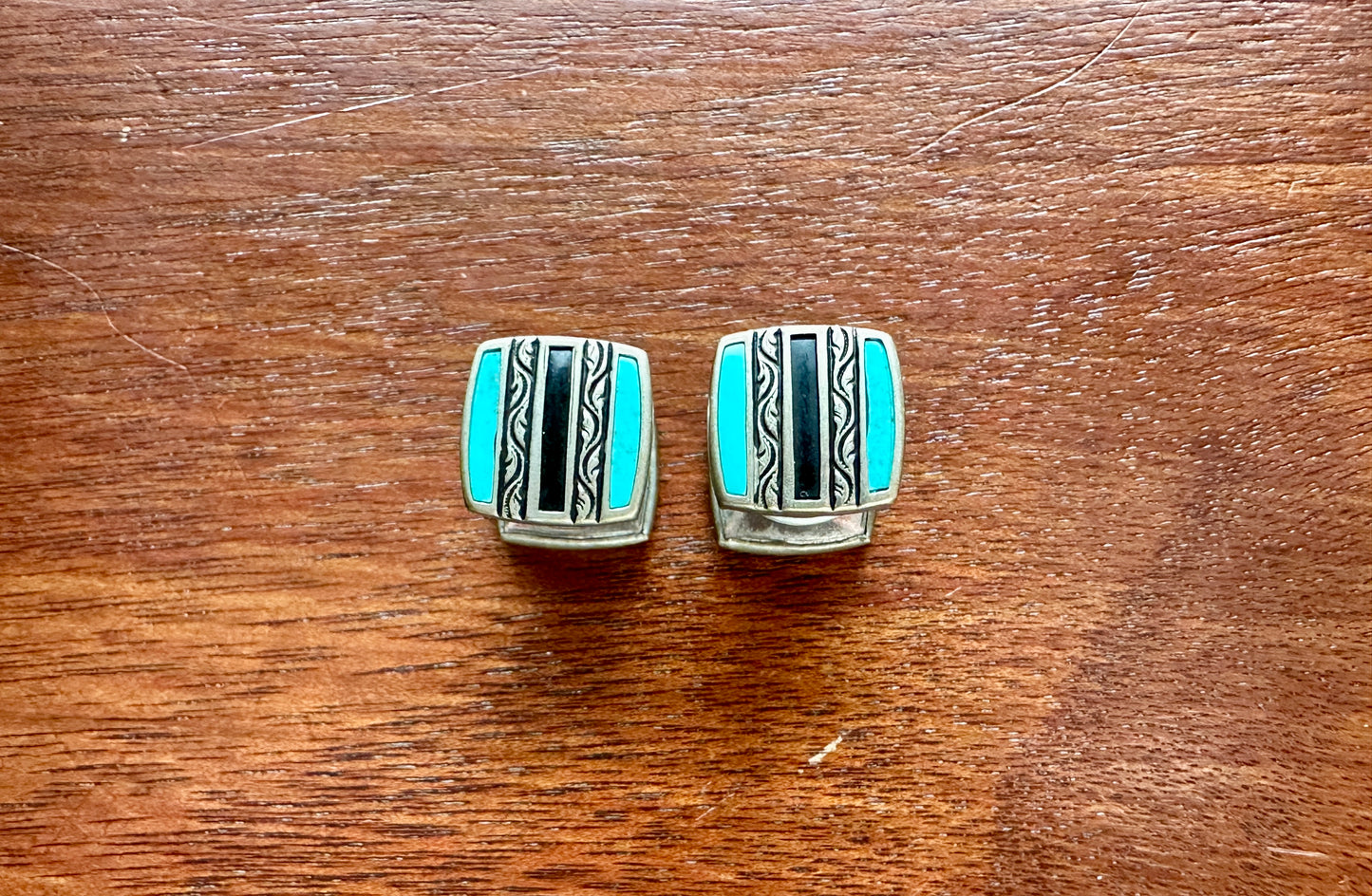 Vintage Signed Baer & Wilde Kum-A-Part Cuff Links Silver Tone Turquoise Onyx