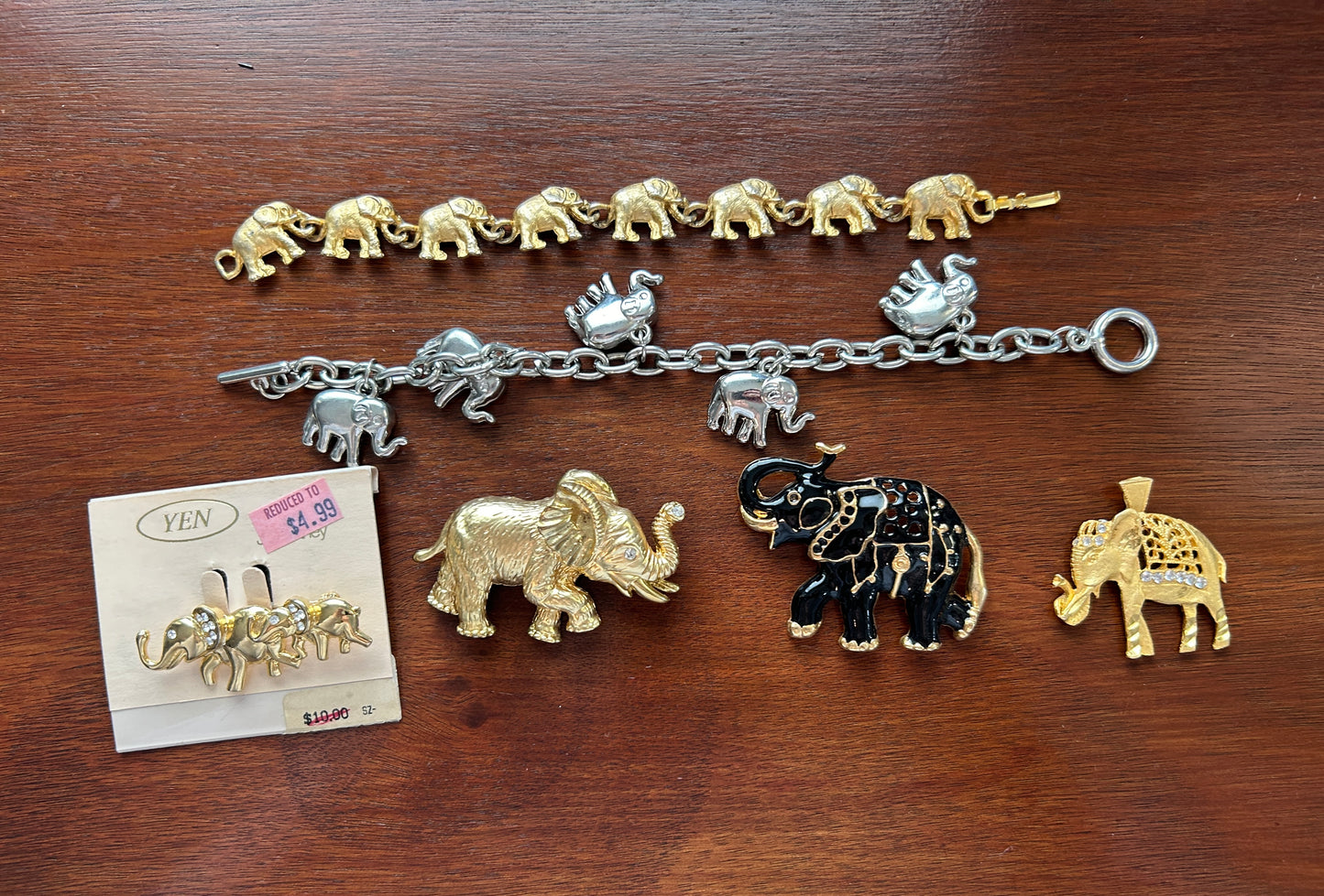 Vintage Elephant Animal Brooch Pin Bracelet  Lot Enamel Gold Tone Rhinestones