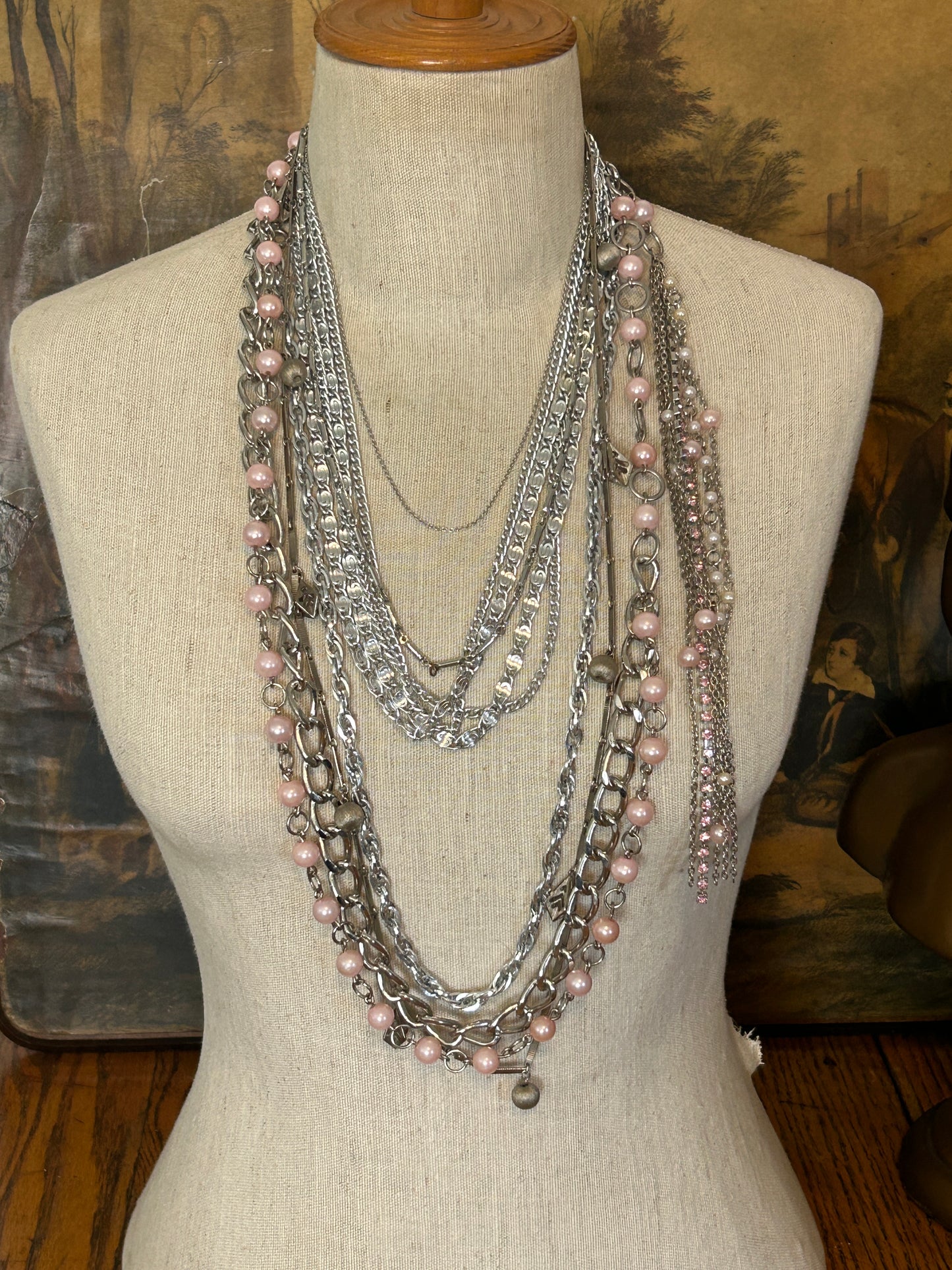 Vintage to Now Silver Tone Chain Link Necklace Lot Pink Sarah Coventry