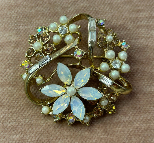 Vintage Gold Tone Rhinestone Baguette Multicolor Brooch Pin