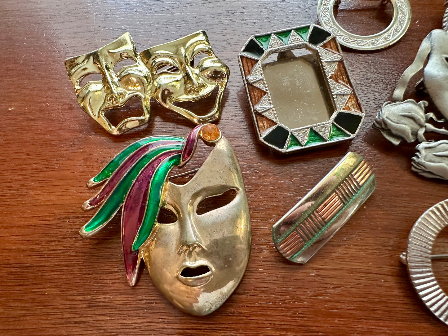 Vintage Art Deco Style Brooch Pin Lot Mask Theater Enamel Frame Silver Copper