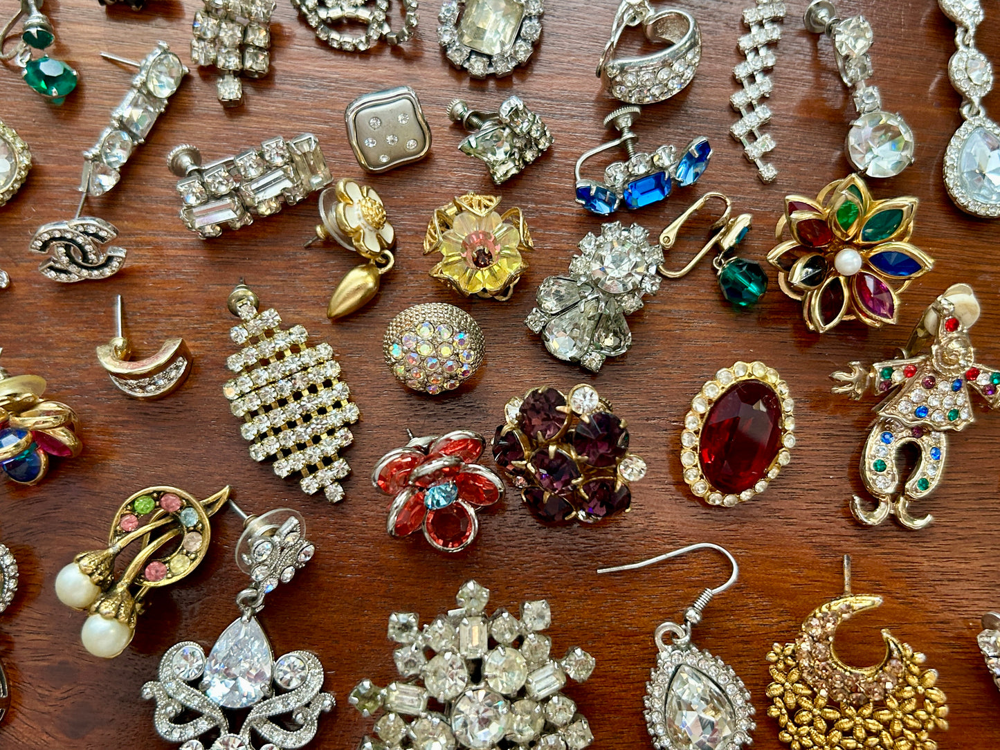 Over 60 Vintage SINGLE Earring Lot Rhinestones AB Harvest Cluster Craft Pearl