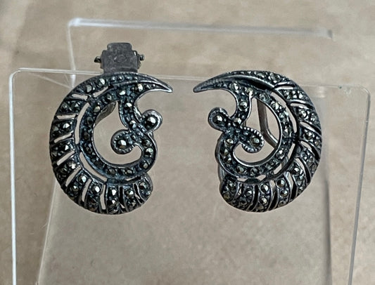 Sterling Silver 925 Marcasite Vintage Clip On Filigree Earrings