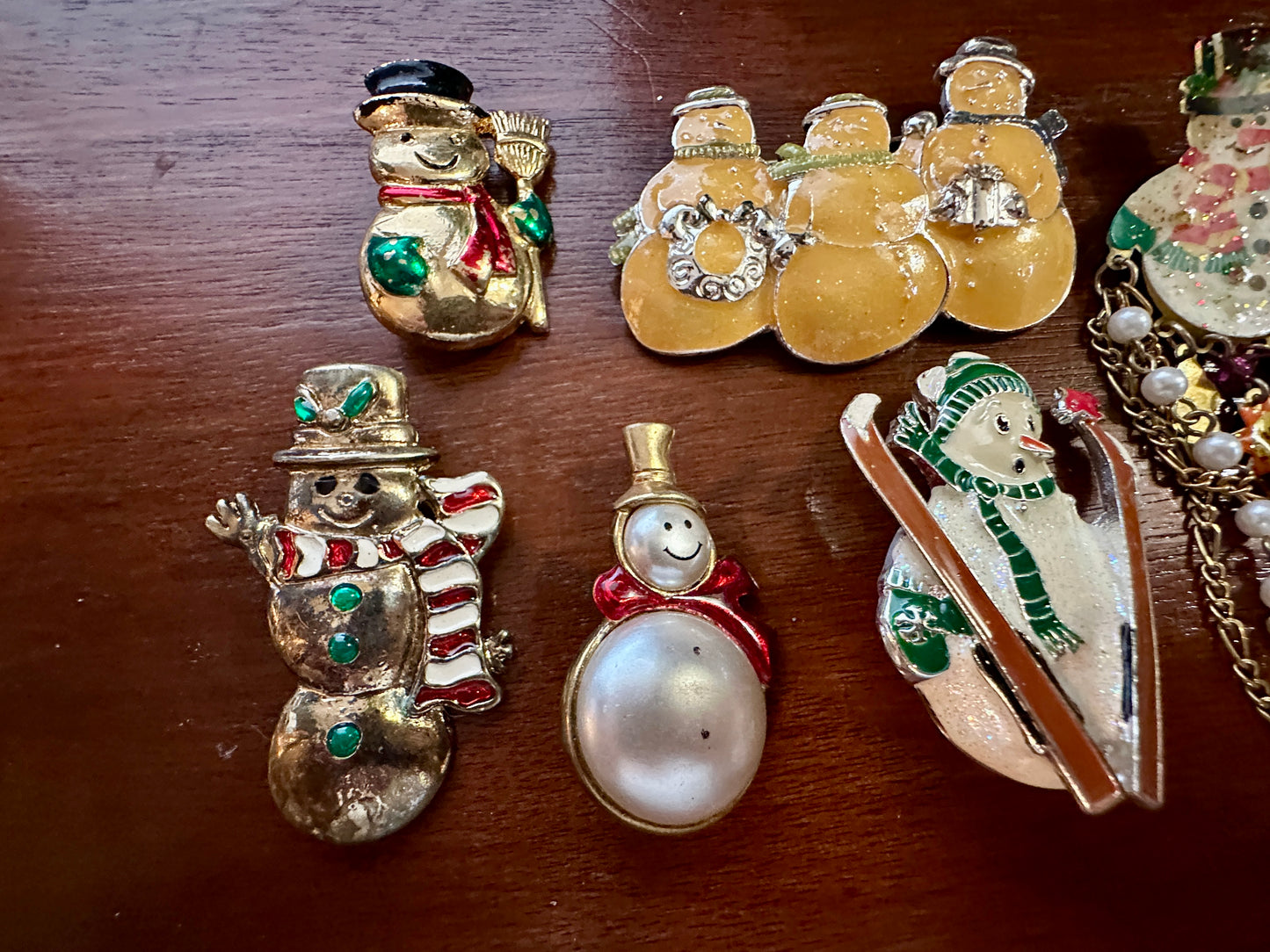 Vintage to Now Winter Them Snowmen Snowman Brooch Lot Enamel Rhinestone Pearl