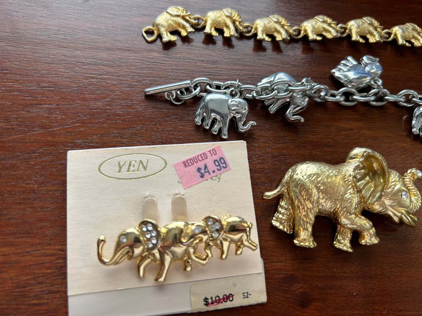 Vintage Elephant Animal Brooch Pin Bracelet  Lot Enamel Gold Tone Rhinestones