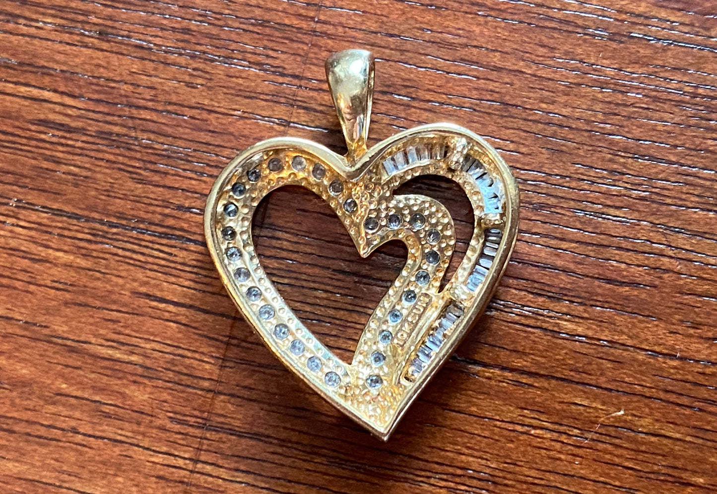 10k Yellow Gold Baguette Round .50ctw Diamond Heart Pendant Signed SUN