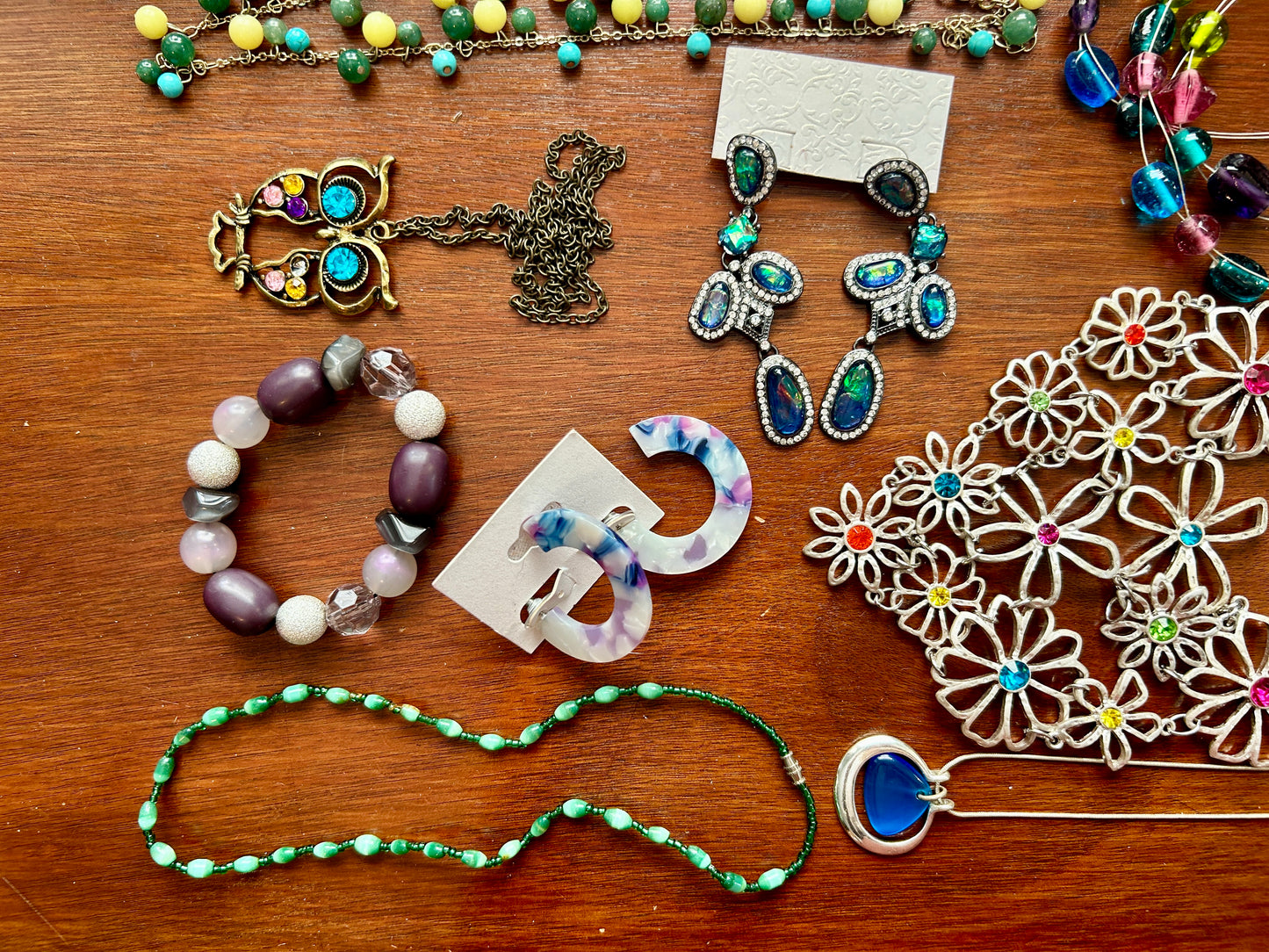 Vintage to Now Colorful Jewelry Lot Silver Blue Green Purple Beads Flowers Retro