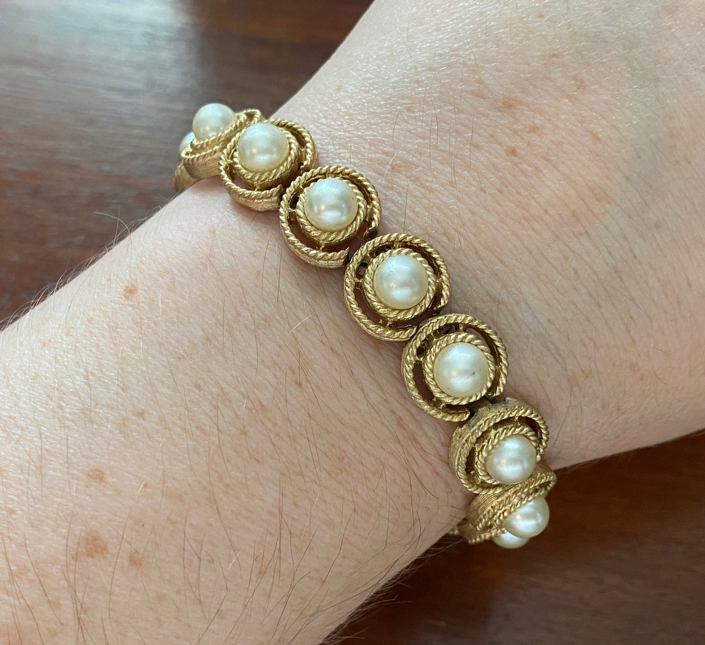 Vintage Trifari Gold Tone Textured Faux Pearl Bracelet