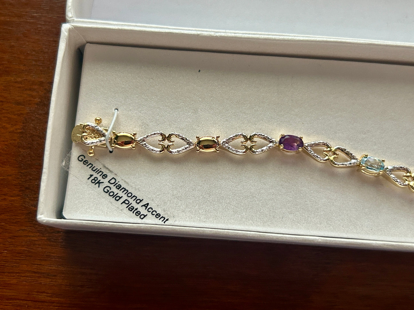 18k Yellow Gold Plate Genuine Diamond Accent Gemstone Heart Tennis Bracelet