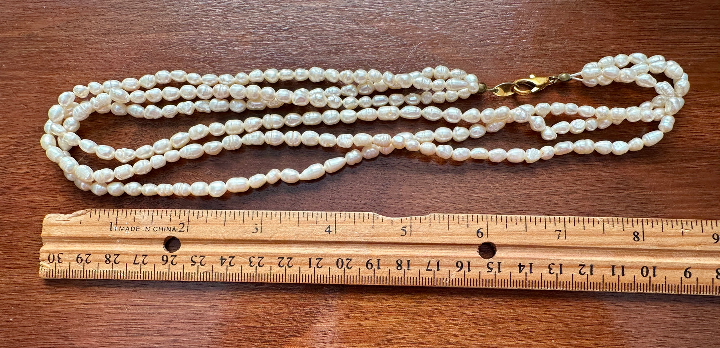 Vintage 3 Strand Real Pearl Collar Necklace Vintage 18" Long Gold Tone Clasp
