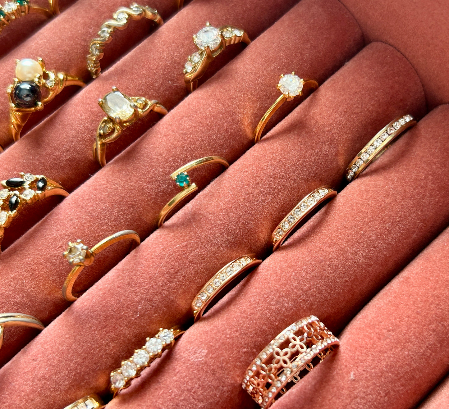 Lot of 24 Vintage to Now Gold Tone Plate Rings Rhinestone Engagement Bands Stone