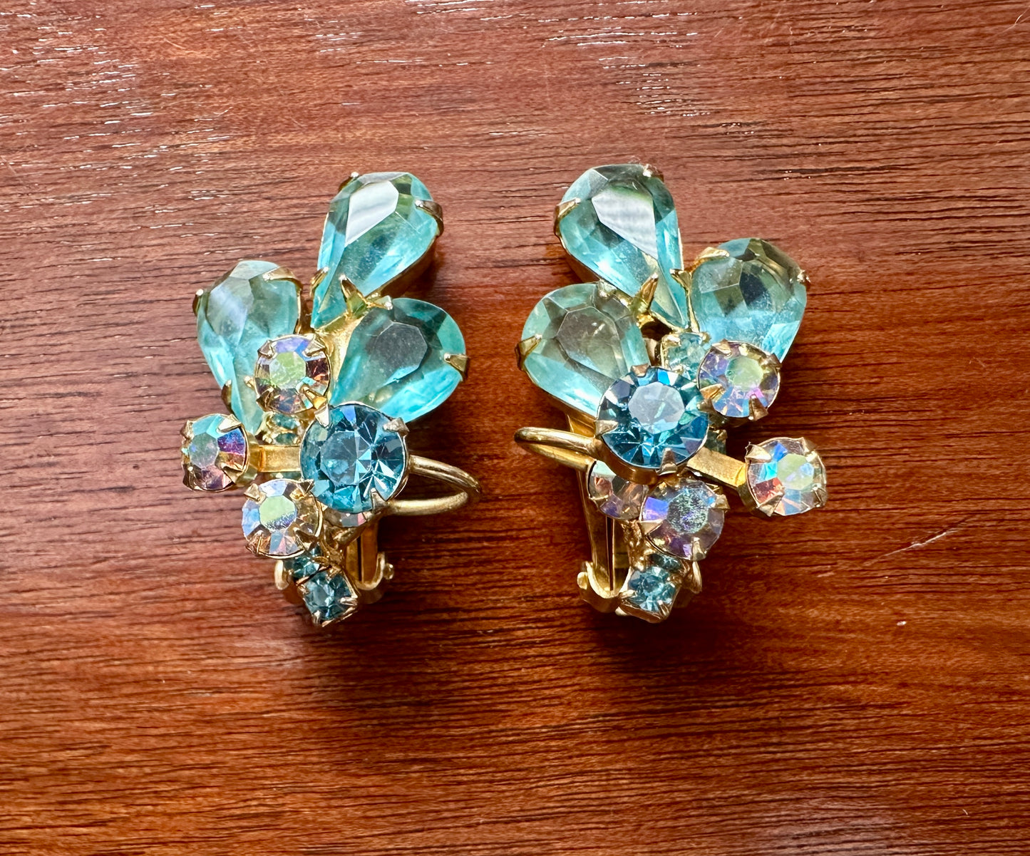 Vintage Pale Blue AB Aurora Borealis Rhinestone Gold Tone Clip on Earrings