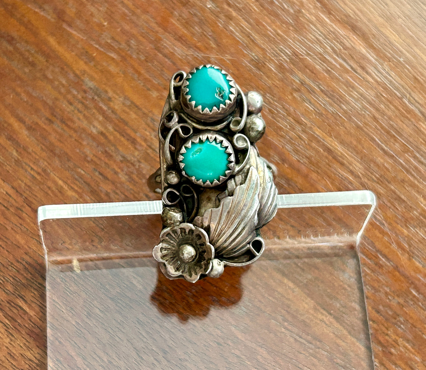 Native American Sterling Silver 925 Turquoise Ring Sz 7 Signed RHR Flower Motif