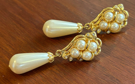 Vintage Gold Tone Rhinestone Faux Pearl Teardrop Dangly Pierced Earrings