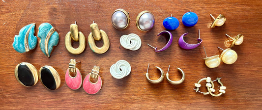 Vintage 80's Pierced Earrings Lot Enamel Cabochon Big Coloful Doorknockers