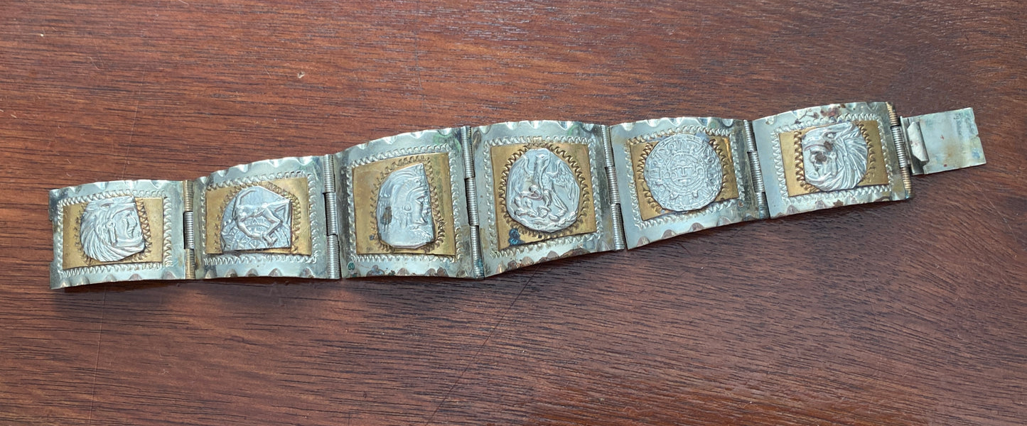 Vintage Taxco Sterling Silver 925 Brass Aztec Panel Bracelet
