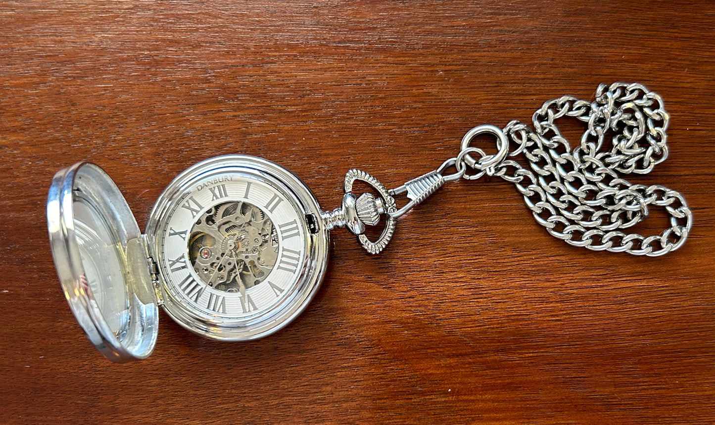 Danbury Mint Silver Tone Skeleton Pocket Watch Manual Wind