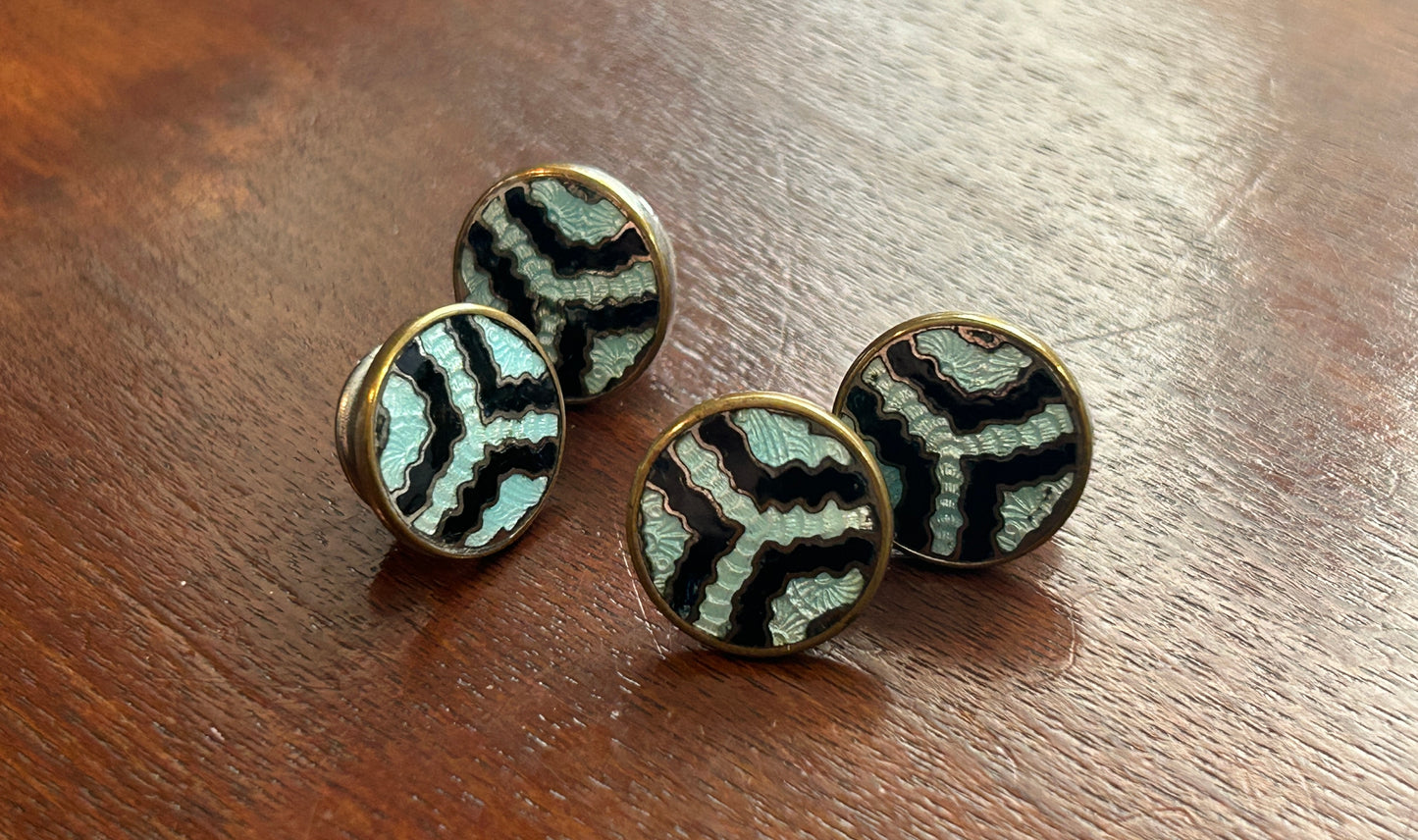 Vintage Baer & Wilde Silver Tone Enamel Black Blue Cufflinks