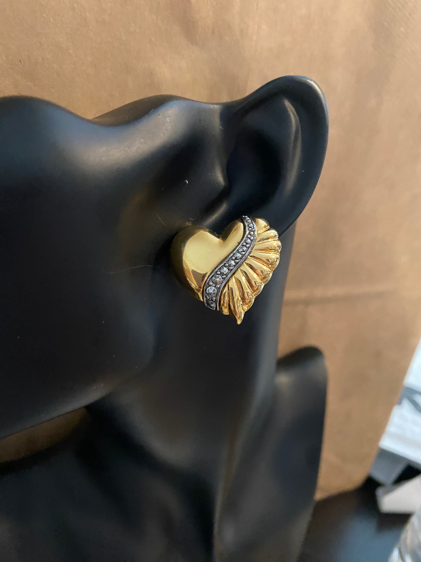 Vintage Gold Tone Large Heart Post Back Earrings Rhinestone Accent