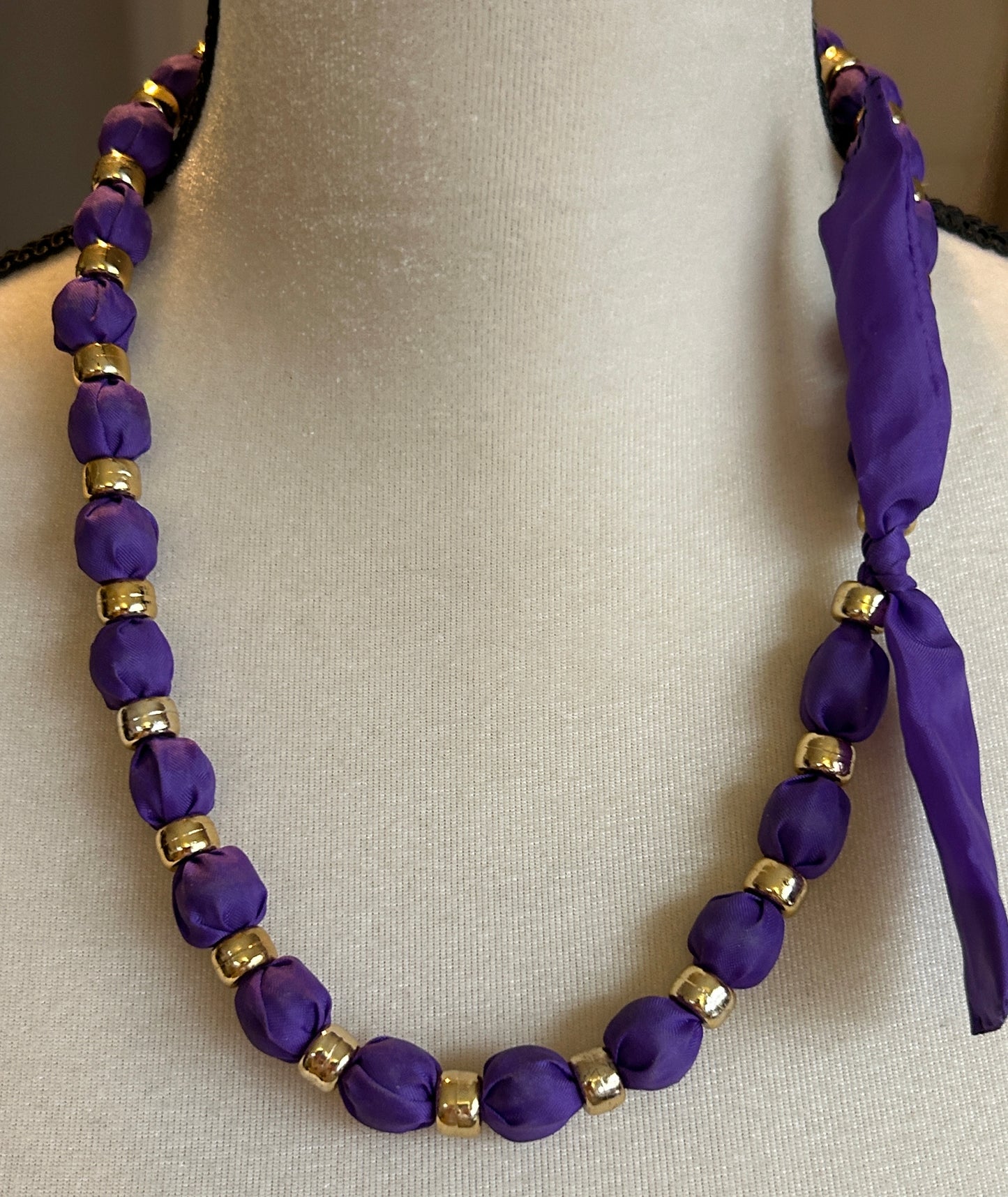 Vintage Cloth Covered Royal Purple Gold Bead Tie Clasp Necklace