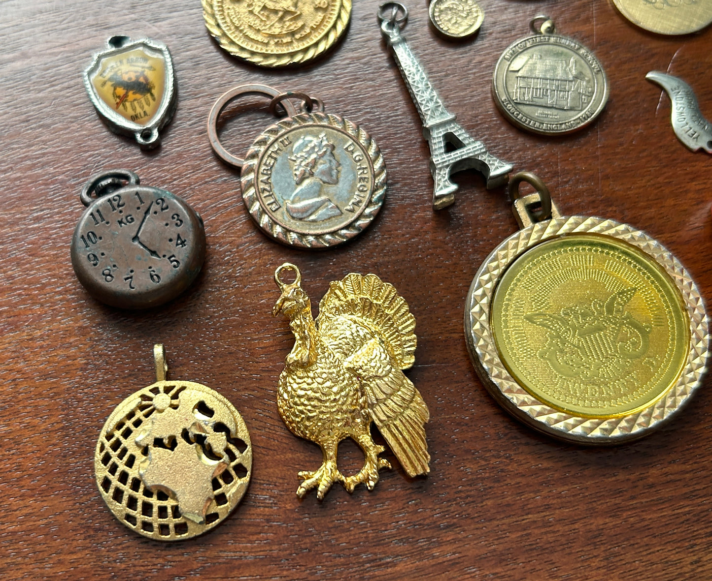 Vintage Charm Pendant Lot Travel World Souvenir Eiffel Tower Coin & More