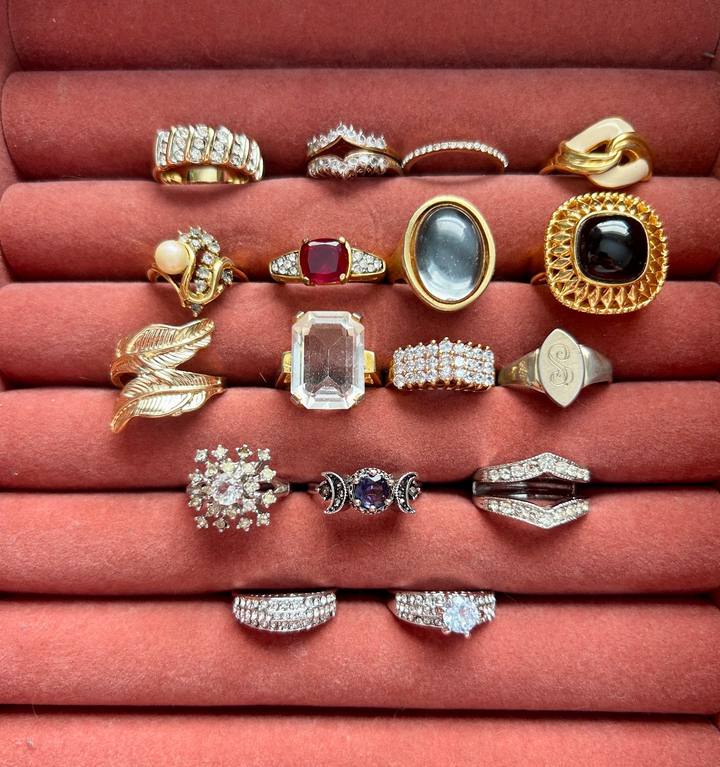 Lot of 17 Vintage to Now Costume Cocktail Rings Various Sizes Rhinestones