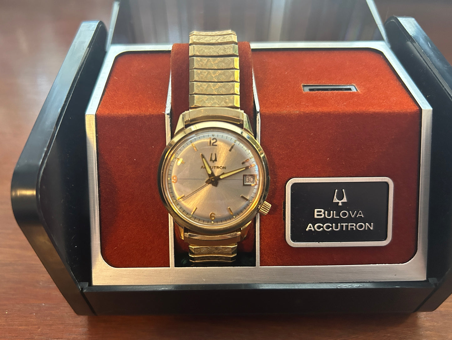 70's Bulova Accutron 10k Rolled Gold Plate Stearns Foster Quartz Wristwatch Box