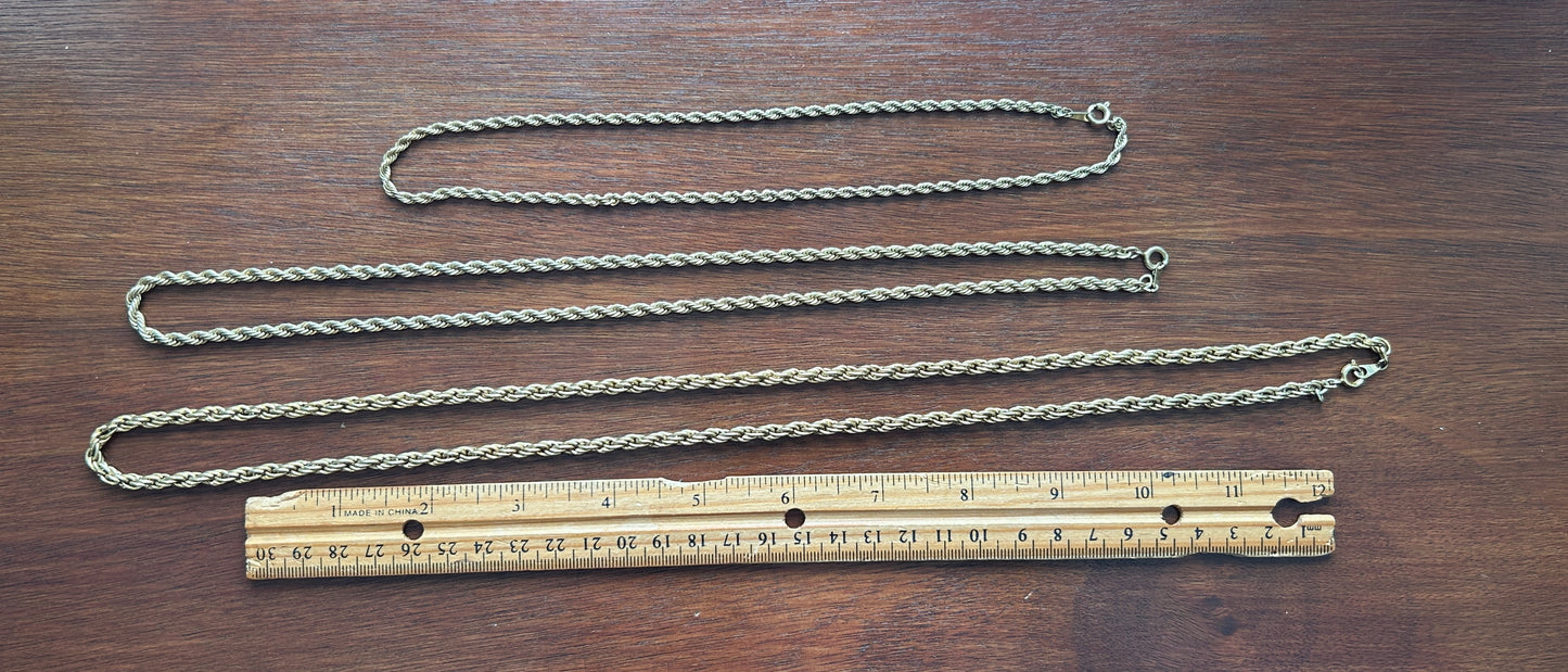 Lot of 3 Varying Length Gold Tone Rope Twist Chain Necklaces