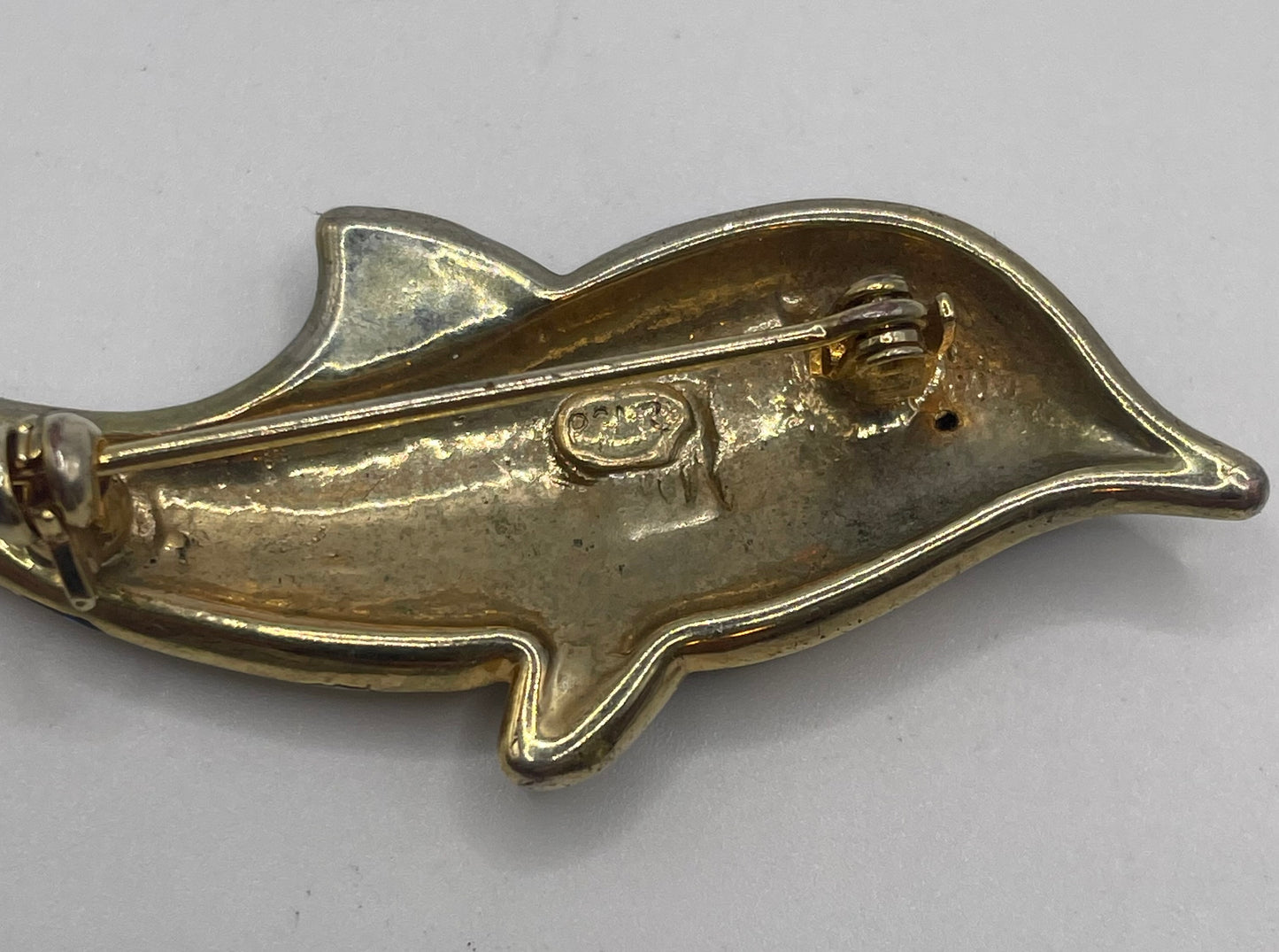 Vintage Gold Tone Rhinestone & Blue Enamel Dolphin Pin Brooch