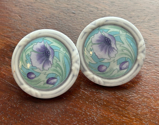 Vintage White Porcelain Hand Painted Purple Flower Round Pierced Earrings