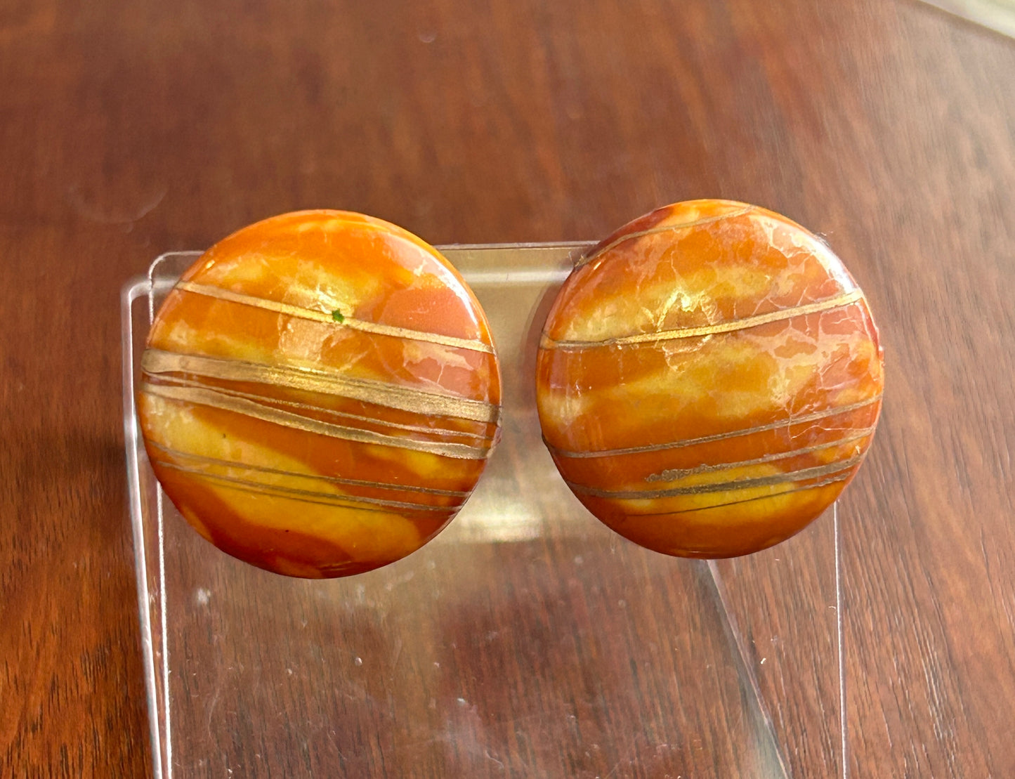 Vintage Lacquer Orange Round Clip ON Earrings