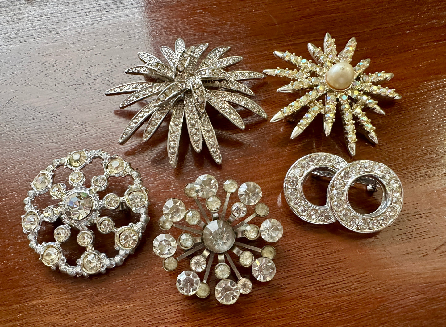 Vintage Silver Gold Tone Rhinestone Wreath Starburst Flower Brooch Lot Emmons AB