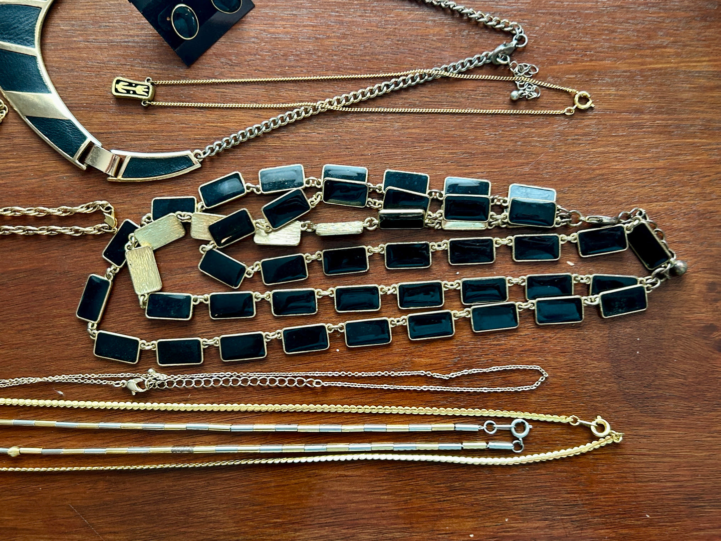 Vintage to Now Black Gold Tone Jewelry Lot Some Signed Flat Chains Bangles More