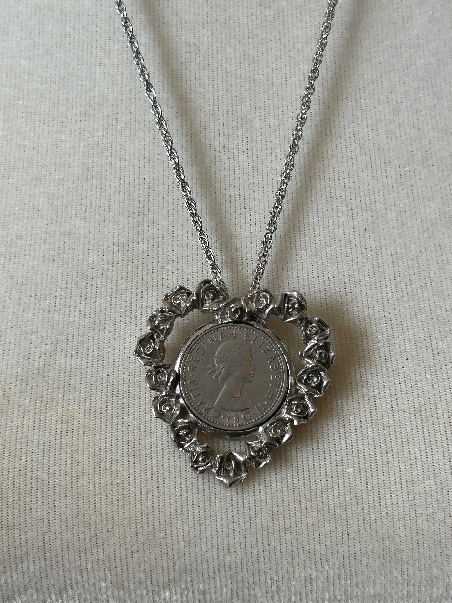 Vintage Silver Tone Chain Link Necklace Rose Heart Canadian Coin Pendant